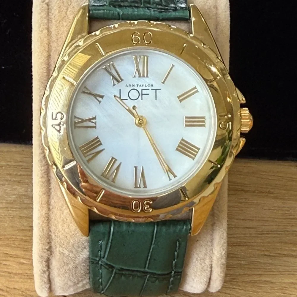 LOFT Gold Tone Green Croc Leather Band Watch Mother Of Pearl Face NWOT